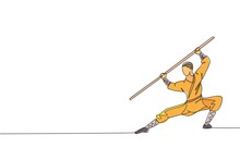 One Continuous Line Drawing Young Shaolin Monk Man Practice Kung Fu Using Long Staff At Temple Ground. Traditional Chinese Combative Sport Concept. Single Line Draw Design Graphic Vector Illustration