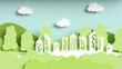 Paper landscape art style with eco-green city, the concept of saving the planet and energy. Eco-friendly city cut out of paper, 3d illustration in a flat style.