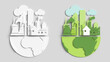 Icon to save the earth and ecology in a flat style. Landscape of the city cut out of paper, 3d render.