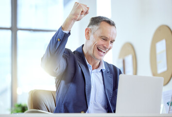Wall Mural - I did it. Shot of a mature businessman cheering while using a laptop in an office at work.