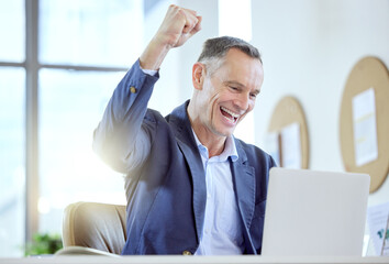 Canvas Print - I did it. Shot of a mature businessman cheering while using a laptop in an office at work.