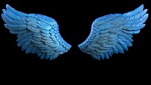 Blue And White Gradient Patterned Wings Under Black Lighting Background. Concept Image Of Free Activity, Decision Without Regret And Strategic Action. 3D CG. 3D Illustration.