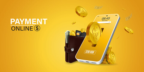 online payment via mobile phone.Coin drop in smartphone on yellow background. Shopping through your smartphone without having to carry cash. Pay online through an online wallet on your smartphone.