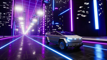 Wall Mural - Futuristic transport car on the road in metaverse city. 3d render