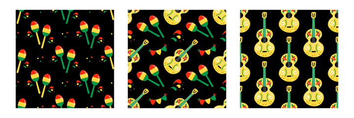 Wall Mural - Set, collection of three vector seamless pattern backgrounds for Cinco de Mayo design with maracas, guitars and garlands.
