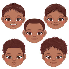 Wall Mural - Cute Black Baby Boy Face Collection, American African Cartoon Character Vector