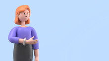 3D Illustration Of A Smiling Businesswoman Ellen Showing Hand At Direction. Portraits Of Cartoon Characters Standing Man Pointing Finger,3D Rendering On Blue Background.