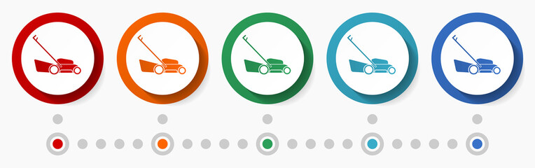 Poster - Lawn mower concept vector icon set, infographic template, flat design colorful web buttons in 5 color options
