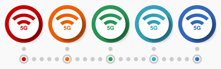 Leinwandbilder - 5g web, internet concept vector icon set, infographic template, flat design colorful web buttons in 5 color options