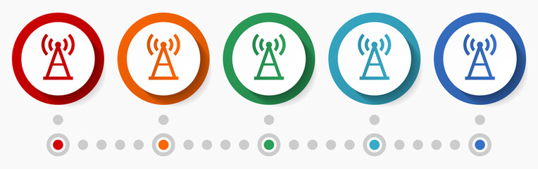 Leinwandbilder - Antenna, communication concept vector icon set, infographic template, flat design colorful web buttons in 5 color options