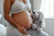 © N Felix/peopleimages.com - Even teddy cant wait to play with baby. Closeup shot of an unrecognisable woman holding a stuffed teddybear close to her pregnant belly at home.