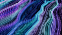 Wavy Neon Lights Background With Lilac, Turquoise And Blue Stripes. 3D Render.