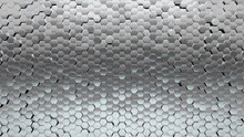 Hexagonal, Polished Mosaic Tiles Arranged In The Shape Of A Wall. 3D, Glossy, Bullion Stacked To Create A Silver Block Background. 3D Render