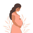 Pregnant woman with dark hair, future mom hugging belly with arms. Vector illustration.