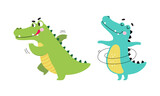 Fototapeta  - Cute friendly green crocodiles in different activities set cartoon vector illustration