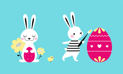 Sticker - Happy Easter spring holiday. Adorable little white Easter bunnies with painting eggs with brush cartoon vector illustration