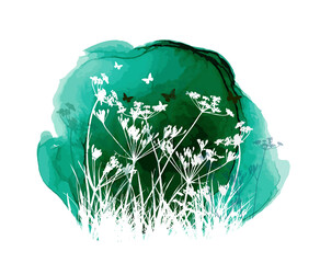 Wall Mural - Grass on a watercolor spot. Delicate flying butterflies. Vector illustration