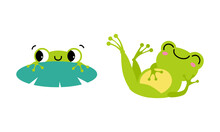 Cute Little Green Baby Frog Swimming And Lying Set Cartoon Vector Illustration