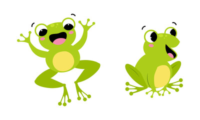 Wall Mural - Cute happy green baby frog with funny face expression set cartoon vector illustration