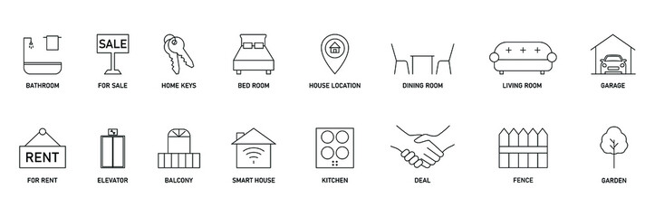 Wall Mural - real estate icon set vector illustration bathroom, sale, keys, bedroom, house location, dining room,