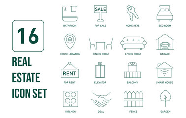 Wall Mural - real estate icon set vector illustration bathroom, sale, keys, bedroom, house location, dining room,