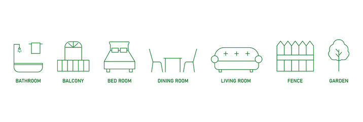 Wall Mural - real estate icon set bathroom, balcony, bedroom, dining room, living room, fence, garden vector illu