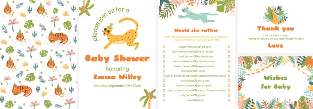 Baby shower tropical templates set. Jungle baby shower card collection. Tropical baby shower game. Baby jungle birthday invitatation.