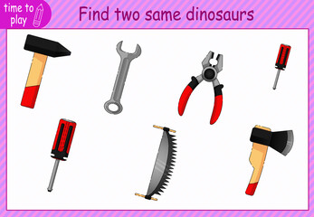 children's educational game, tasks. find two identical objects. construction tools.