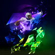 © master1305 - Bright poster with american football player in motion and action with ball isolated on dark background with polygonal and fluid neon elements. Art, creativity, sport