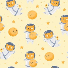 Wall Mural - Seamless vector pattern. Cat astronaut flying in space, smiling moon, stars, space. Cute children's print. 
