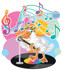 Sticker - Singer duck cartoon with music melody symbols