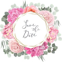 Wall Mural - Vector floral frame. Pink roses, peonies, hydrangea, ranunculus, eucalyptus, green plants and flowers. Golden round polygonal frame