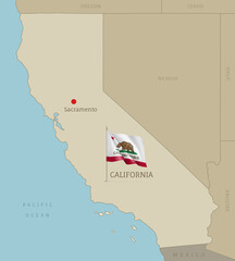 Wall Mural - map of california us state with waving flag. highly detailed editable map of usa federal state with 