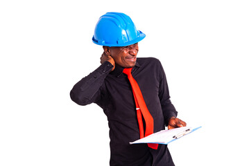 Wall Mural - young man engineer with clipboard feeling pain in neck.