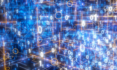 Neural network 3D illustration. Big data and cybersecurity
