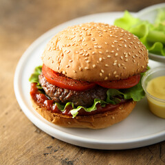 Wall Mural - Traditional homemade burger with fresh tomato