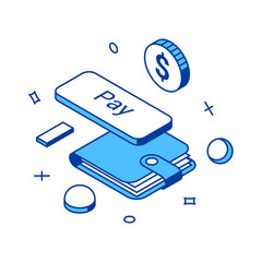 Wall Mural - Online shopping cash wallet pay button business retail e commerce purchase 3d icon isometric vector illustration. Modern wireless technology digital store consumerism financial banking communication