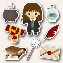 Stickers From The Movie Harry Potter. Books, Potion, Scarf, Cauldron, Magic Wand, Pen, Envelope.