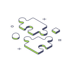 Two unconnected jigsaw pieces business challenge problem solving marketing strategy 3d icon isometric vector illustration. Puzzle game brainstorming for making decision symbol of integration attached