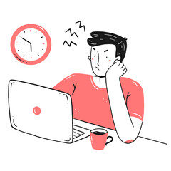 Frustration at work. An agitated, irritated, exhausted young man does not have time for the deadline in line style. Concept illustration.