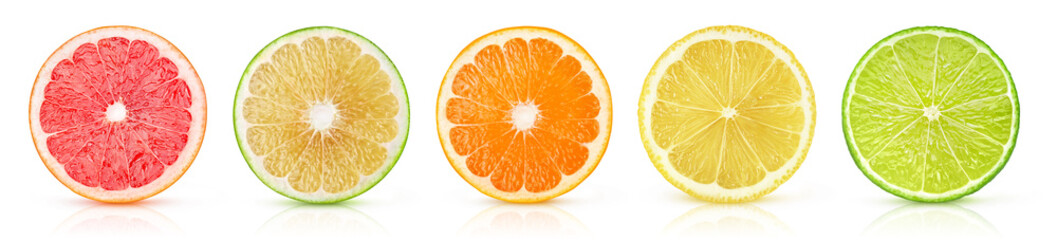 Aufkleber - Citrus fruits slices (grapefruits, orange, lemon, lime) in a row isolated on white background