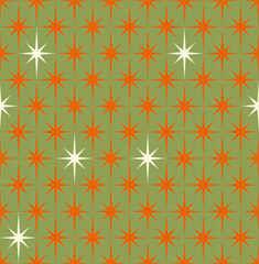 Wall Mural - Orange, olive green and off-white Mid-century 1950s modern starburst pattern.