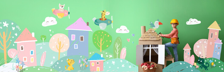 Wall Mural - Collage with funny little builder and drawn houses on green background