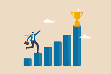 Motivation to drive success, achievement or reward motivate employee to improve and succeed, benefit, prize award concept, motivated businessman running on growing bar graph to catch winner trophy.