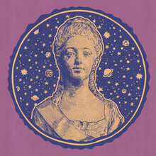 Round Emblem With Statue Of The Princess Against The Background The Night Sky. Raster Version Illustration.