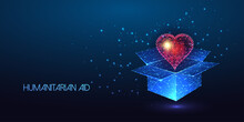Futuristic Humanitarian Aid Concept Banner With Glowing Low Polygonal Open Box And Red Heart Shape