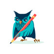 Wise owl draws with a pencil on the floor. Clever bird teaches drawing or other lesson or studying school subject. Back to school concept cartoon vector illustration on white background