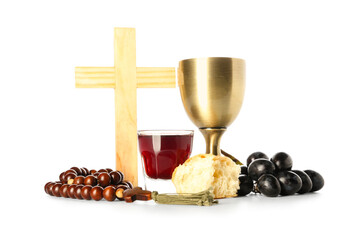 Sticker - Wine with bread, rosary and cross on white background