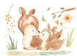Watercolor mother and baby deer. Cute animals illustration for kids
