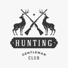 Gentlemens Hunting Club Vector Logo. Silhouettes Proud Deer With Crossed Guns Symbol Of Gambling And Elite Monochrome Prey. Fueled Animal Tracking For Adrenaline Valuable Trophies.